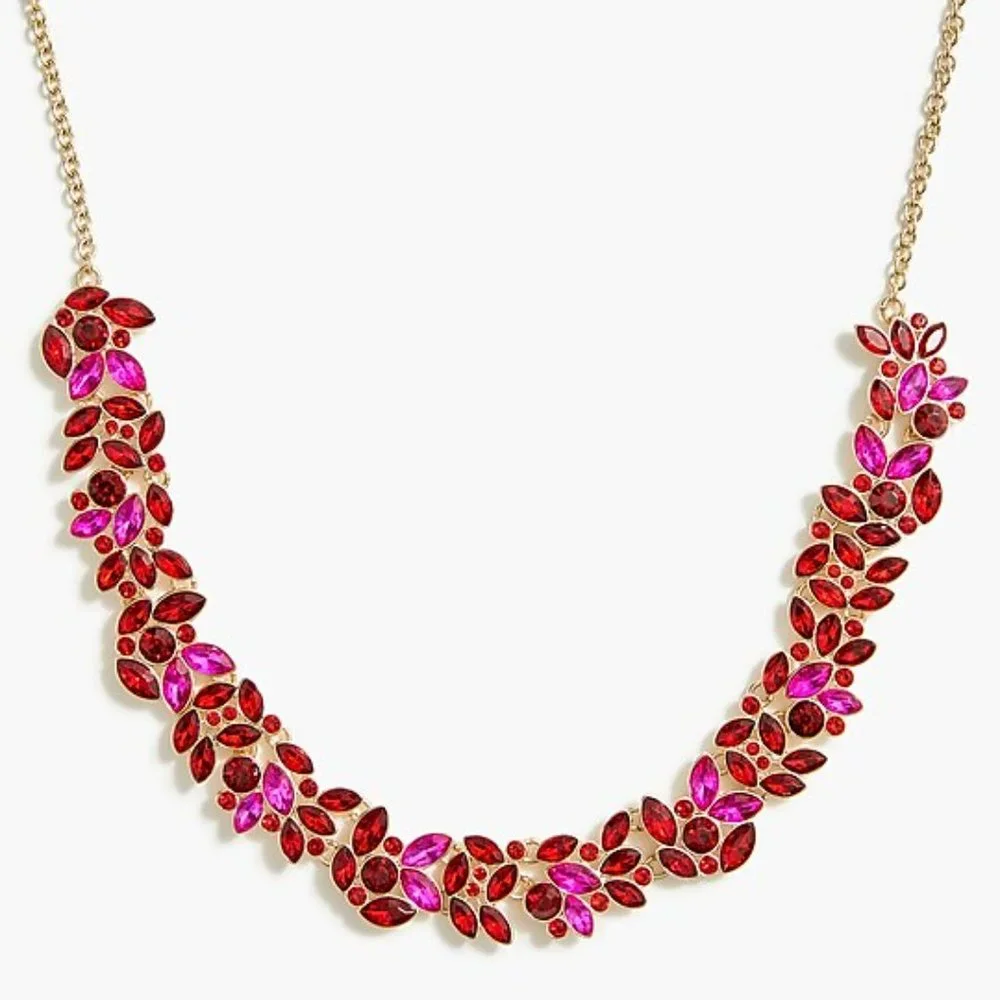 NWT J. Crew Pink and Red Crystal Leaves Statement Necklace - Picture 3 of 7